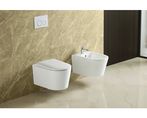 Badezimmer-Szene mit wandhängendem WC und Bidet.