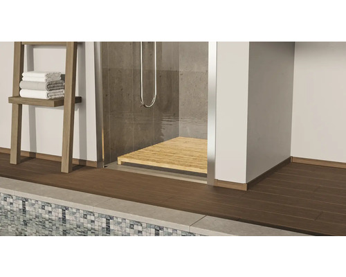 Badezimmer mit Dusche, Handtuchregal und Holzboden