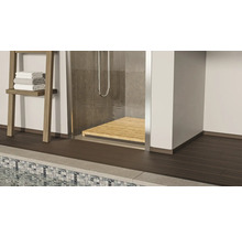 Badezimmer mit Dusche, Holzrost und Handtuchleiter