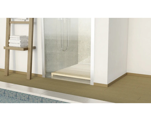 Badezimmer mit Dusche, Handtuchleiter und Fliesenboden.