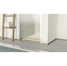 Badezimmer mit Dusche, Handtuchleiter und Fliesenboden.