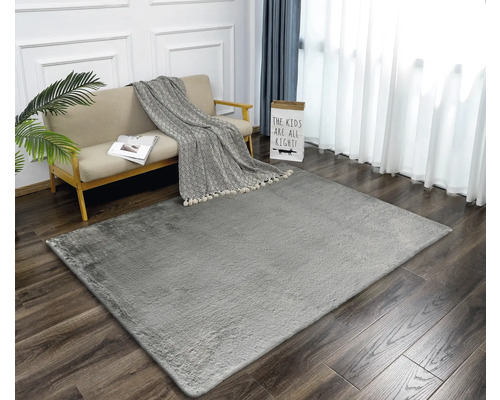 Wohnzimmer mit grauem Teppich, Sofa und Vorhängen