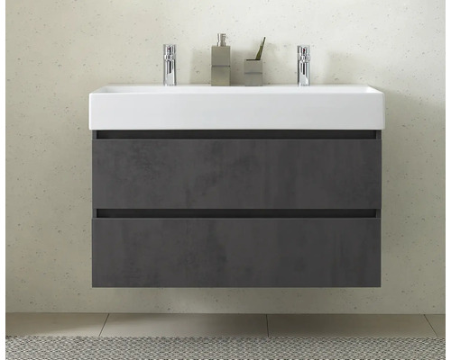 Waschtischunterschrank mit zwei Schubladen, Waschbecken, Armaturen, Seifenspender und Zahnputzbecher im Badezimmer