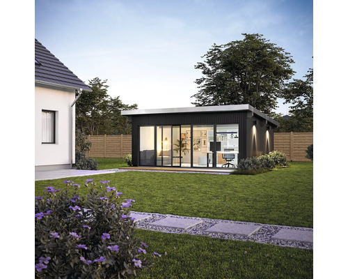Modernes Gartenhaus mit Glasfront und Büroeinrichtung im Garten