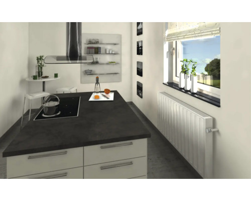 Moderne Küche mit Kochinsel, Dunstabzugshaube und Heizkörper