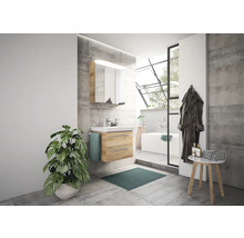 Helles Badezimmer mit Waschtisch, Spiegel, Badewanne und Pflanze
