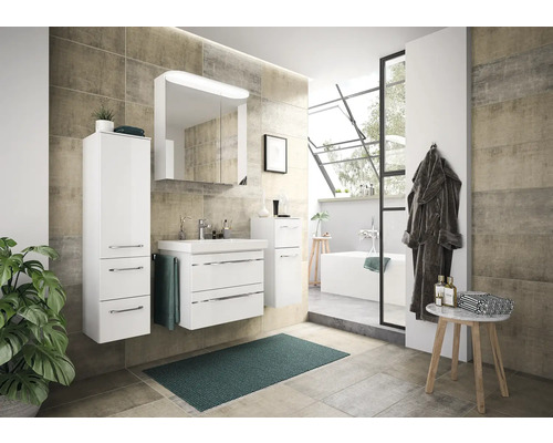 Badmöbel-Set Pelipal Sunline 108 BxHxT 130 x 200 x 46 cm Frontfarbe weiß hochglanz 5-teilig weiß und Mineralguss-Waschtisch Waschtischunterschrank Spiegelschrank mit LED-Beleuchtung