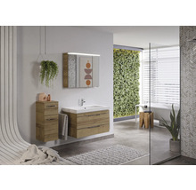 Helles Badezimmer mit Waschtisch, Spiegelschrank, Hochschrank und vertikalem Garten