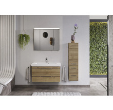 Badezimmer mit Waschtischunterschrank, Spiegelschrank und Hochschrank im Holzdesign