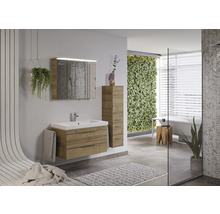 Modernes Badezimmer mit Waschtisch, Spiegelschrank, Hochschrank und Pflanzendekoration