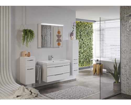 Badmöbel-Set Pelipal Sunline 108 BxHxT 152 x 200 x 50,8 cm Frontfarbe weiß hochglanz 5-teilig weiß und Mineralguss-Waschtisch Waschtischunterschrank Spiegelschrank mit LED-Beleuchtung
