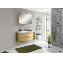 Badmöbel-Set Pelipal Sunline 104 BxHxT 101 x 200 x 50,5 cm Frontfarbe eiche riviera Badmöbelset 3-teilig mit Waschtisch Mineralmarmor weiß und Waschtischunterschrank Spiegelschrank mit LED-Beleuchtung