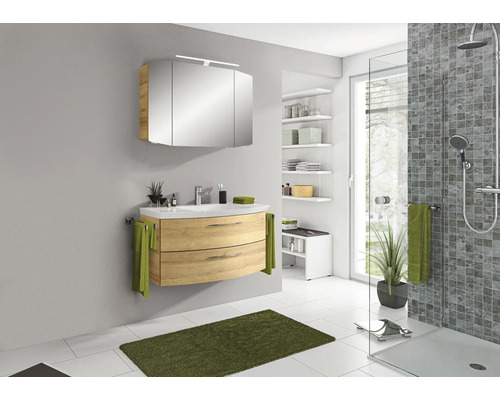 Badmöbel-Set Pelipal Sunline 104 BxHxT 101 x 200 x 50,5 cm Frontfarbe eiche riviera Badmöbelset 3-teilig mit Waschtisch Mineralmarmor weiß und Waschtischunterschrank Spiegelschrank mit LED-Beleuchtung Badezimmer mit Waschtisch, Spiegelschrank und Dusche