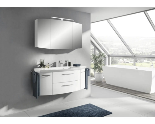 Badmöbel-Set Pelipal Sunline 104 BxHxT 121 x 200 x 50,5 cm Frontfarbe weiß hochglanz Badmöbelset 3-teilig mit Waschtisch Mineralmarmor weiß und Waschtischunterschrank Spiegelschrank mit LED-Beleuchtung