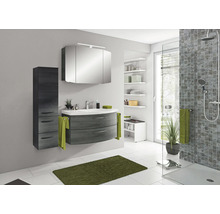 Modernes Badezimmer mit Waschtisch, Spiegelschrank, Hochschrank und Dusche