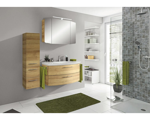 Badmöbel-Set Pelipal Sunline 104 BxHxT 131 x 200 x 50,5 cm Frontfarbe eiche riviera Badmöbelset 4-teilig mit Waschtisch Mineralmarmor weiß und Waschtischunterschrank Spiegelschrank mit LED-Beleuchtung Hochschrank Helles Badezimmer mit Waschtisch, Spiegelschrank, Hochschrank und Dusche