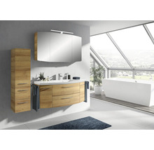 Badmöbel-Set Pelipal Sunline 104 BxHxT 151 x 200 x 50,5 cm Frontfarbe eiche riviera Badmöbelset 4-teilig mit Waschtisch Mineralmarmor weiß und Waschtischunterschrank Spiegelschrank mit LED-Beleuchtung Hochschrank