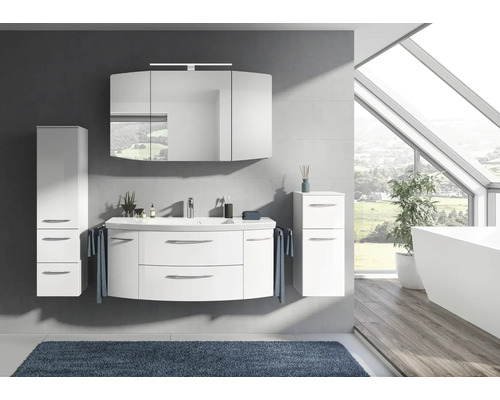 Badmöbel-Set Pelipal Sunline 104 BxHxT 181 x 200 x 50,5 cm Frontfarbe weiß hochglanz 5-teilig weiß und Mineralguss-Waschtisch Waschtischunterschrank Spiegelschrank mit LED-Beleuchtung