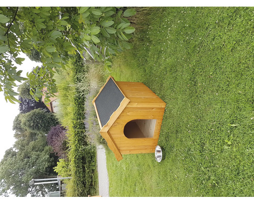 Holzhundehütte mit schwarzem Dach und Futternapf im Garten
