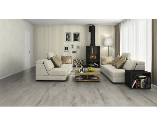 Wohnzimmer mit zwei Sofas, Kaminofen und Holzboden