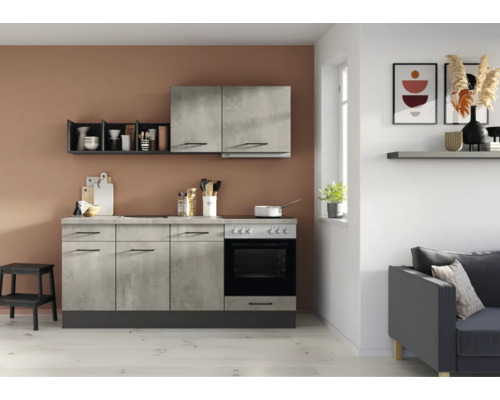 IMPULS Küchenzeile PESCE 195 cm Frontfarbe beton matt Korpusfarbe graphit montiert Variante rechts