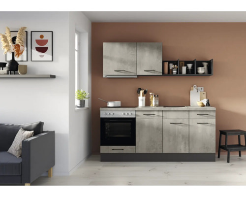 IMPULS Küchenzeile mit Geräten PESCE 195 cm Frontfarbe beton matt Korpusfarbe graphit montiert Variante links