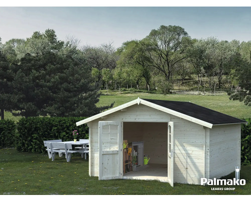 Gartenhaus Palmako Lotta 13,9 m² 422 x 430 cm tauchgrundiert Garten Szene mit Gerätehaus aus Holz mit geöffneten Türen und Gartentischgarnitur