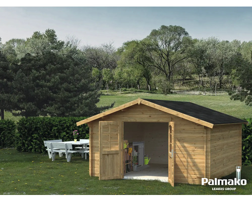 Gartenhaus Palmako Lotta 13,9 m² 422 x 430 cm tauchgrundiert braun Holzgartenhaus mit geöffneten Türen im Garten
