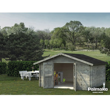 Gartenhaus aus Holz mit geöffneten Türen und Gartenmöbeln