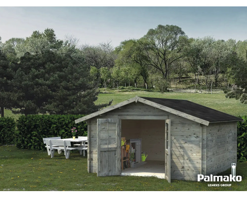 Gartenhaus Palmako Lotta 13,9 m² 422 x 430 cm tauchgrundiert grau Gartenhaus aus Holz mit geöffneten Türen und Gartenmöbeln