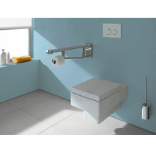 Wandhängende Toilette mit Haltegriff und Toilettenpapierhalter in einem Badezimmer.
