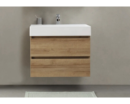 Hängender Waschtischunterschrank mit zwei Schubladen und Aufsatzwaschbecken im Badezimmer.