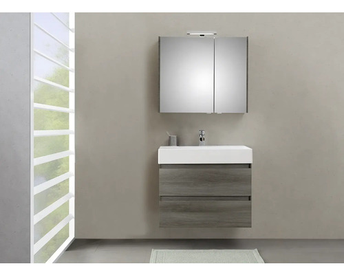 Badezimmer mit Waschbeckenunterschrank, Waschtisch und Spiegelschrank