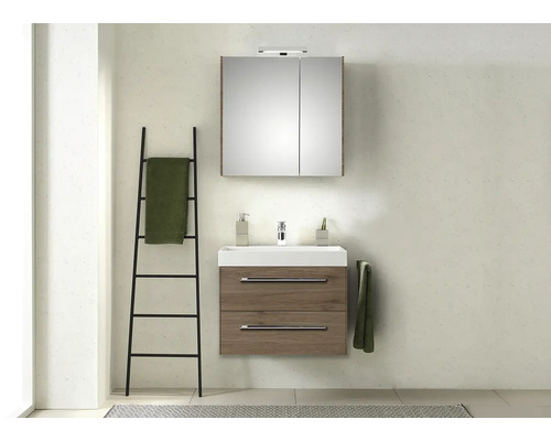 Badezimmer mit Waschbeckenunterschrank, Spiegelschrank und Handtuchleiter