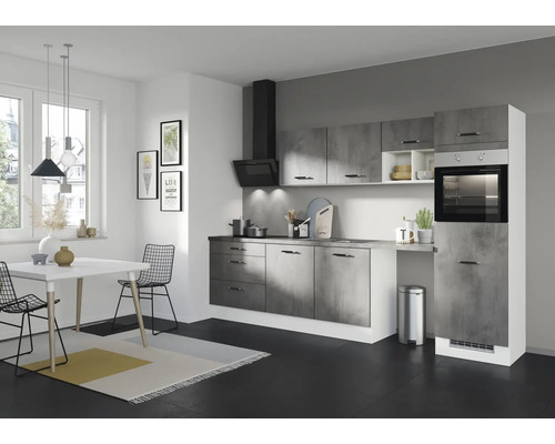 PICCANTE Küchenzeile mit Geräten PESCE 320 cm Frontfarbe beton matt Korpusfarbe space grey montiert Variante rechts