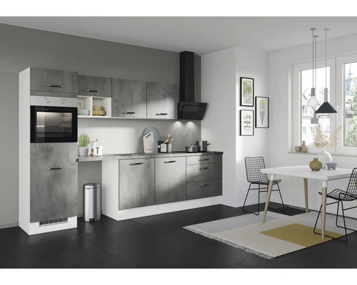 IMPULS Küchenzeile mit Geräten PESCE 320 cm Frontfarbe beton matt Korpusfarbe space grey montiert Variante links