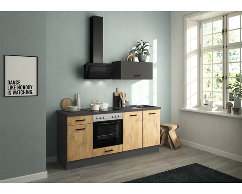 IMPULS Küchenzeile mit Geräten PESCE 195 cm Frontfarbe vintage eiche grafit matt Korpusfarbe graphit montiert Variante rechts
