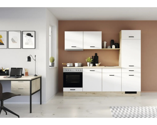 IMPULS Küchenzeile mit Geräten PESCE 240 cm Frontfarbe weiß matt Korpusfarbe eiche hell montiert Variante rechts