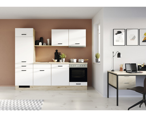 PICCANTE Küchenzeile mit Geräten PESCE 240 cm Frontfarbe weiß matt Korpusfarbe eiche hell montiert Variante links