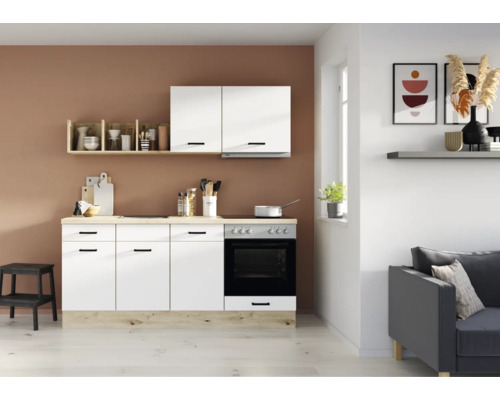 IMPULS Küchenzeile mit Geräten PESCE 195 cm Frontfarbe weiß matt Korpusfarbe eiche hell montiert Variante rechts