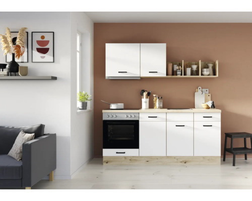 IMPULS Küchenzeile mit Geräten PESCE 195 cm Frontfarbe weiß matt Korpusfarbe eiche hell montiert Variante links