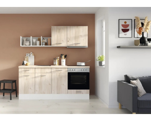 PICCANTE Küchenzeile mit Geräten PESCE 195 cm Frontfarbe seeahorn matt Korpusfarbe space grey montiert Variante rechts