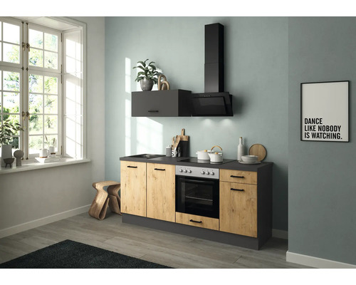 IMPULS Küchenzeile mit Geräten PESCE 195 cm Frontfarbe vintage eiche grafit matt Korpusfarbe graphit montiert Variante links