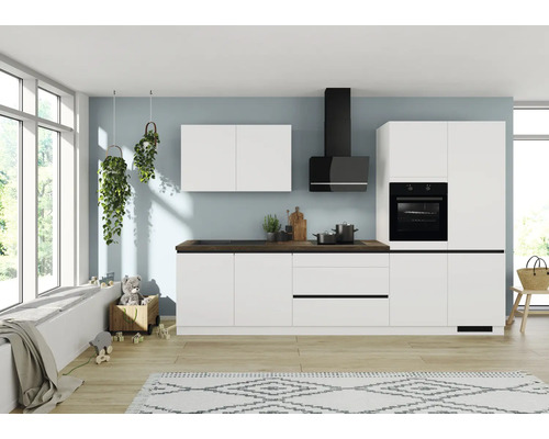 IMPULS Küchenzeile mit Geräten ZANOTTI 340 cm Frontfarbe weiß matt Korpusfarbe weiß montiert Variante rechts