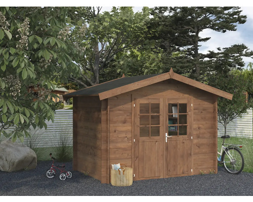 Gartenhaus Palmako Valentine 4,7 m² 332 x 233 cm braun Garten Szene mit Holzgartenhaus, Fahrrad und Kinderdreirad