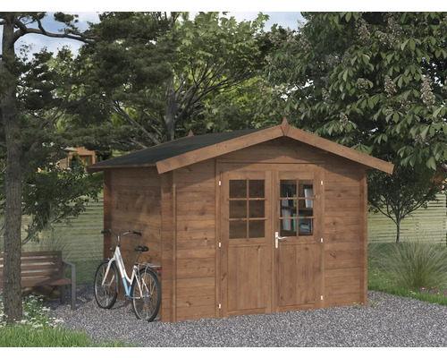 Gartenhaus Palmako Valentine 6,1 m² 233 x 283 cm braun Garten Szene mit Holzgartenhaus, Fahrrad und Bank