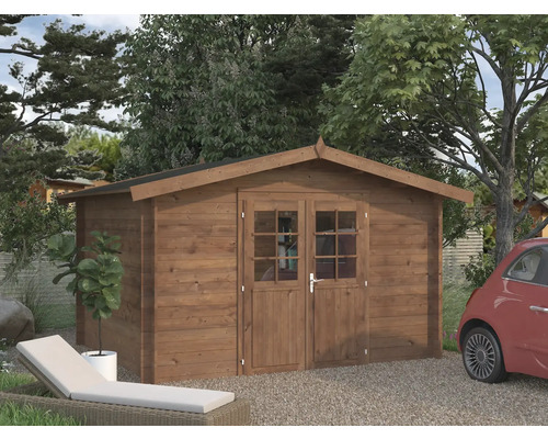 Gartenhaus Palmako Valentine 9 m² 394 x 329 cm braun Gartenszene mit Holzgartenhaus, Terrasse und PKW