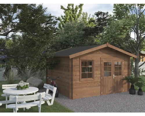 Gartenhaus Palmako Valentine 11 m² 416 x 370 cm braun Holzgartenhaus mit Doppeltür und Fenster in Gartenumgebung