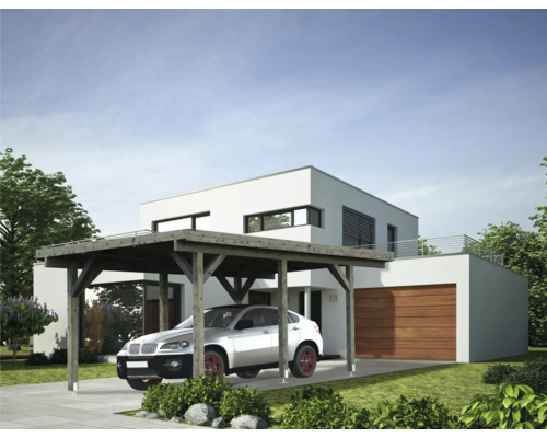 Einzelcarport Palmako Karl 11,7 m² 360x512 cm tauchgrundiert grau Modernes Haus mit Carport und Auto auf der Einfahrt
