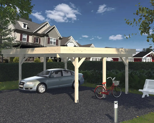 Carport aus Holz mit Auto und Fahrrad
